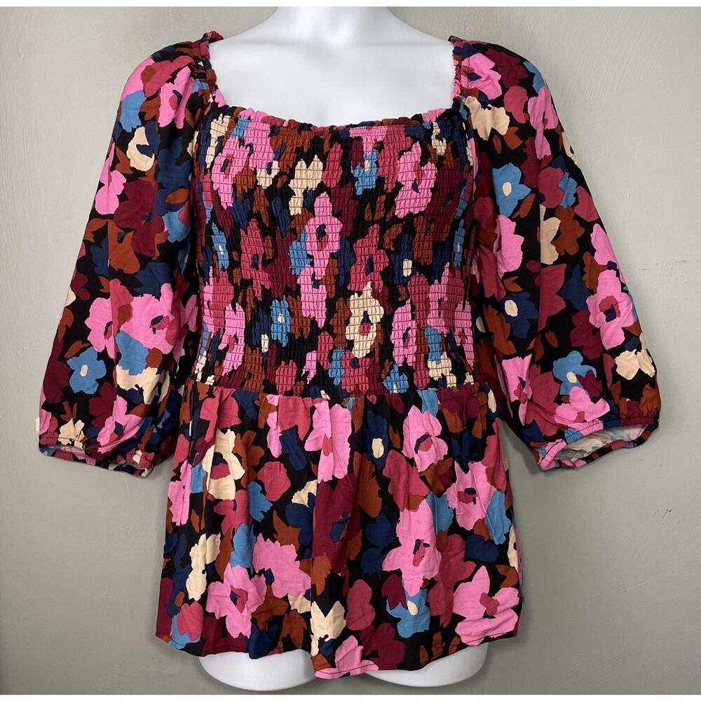 City Chic Romantic Floral Top Plus Size 3X Poppy Print Smocked Vibrant Milkmaid